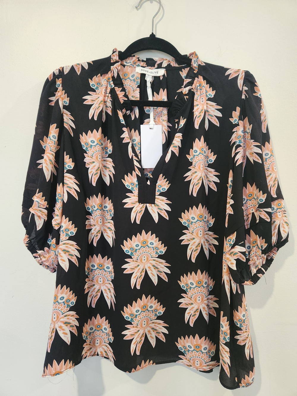 Rose & Olive Black Floral Puff Sleeve V-Neck Blouse